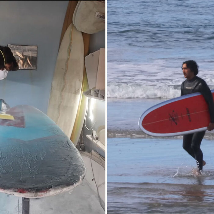 Zack Flores fixing and riding an old surfboard