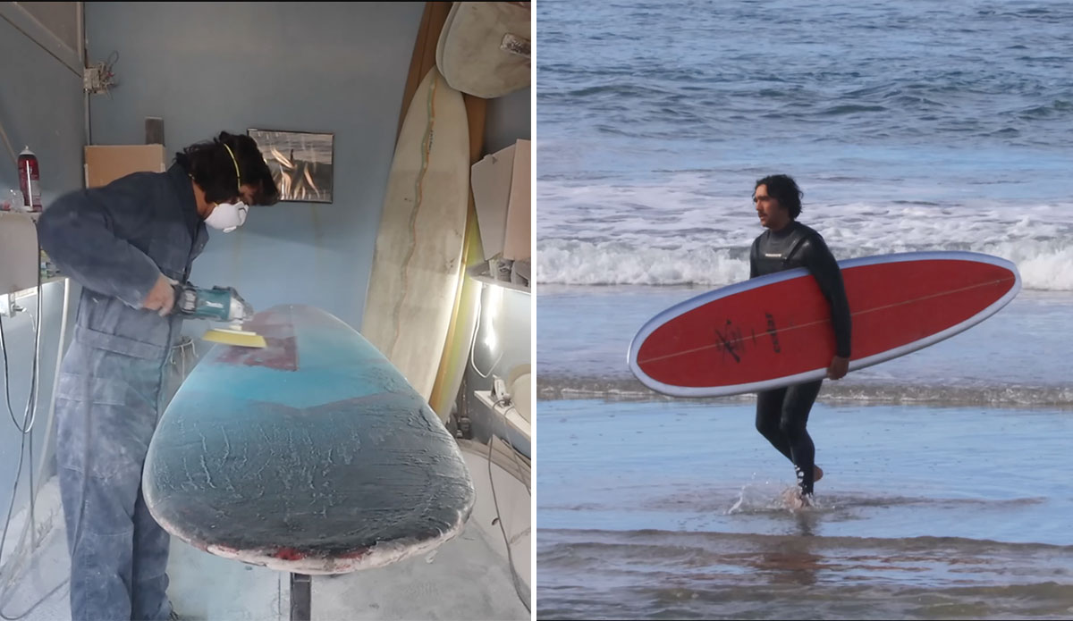 Zack Flores fixing and riding an old surfboard