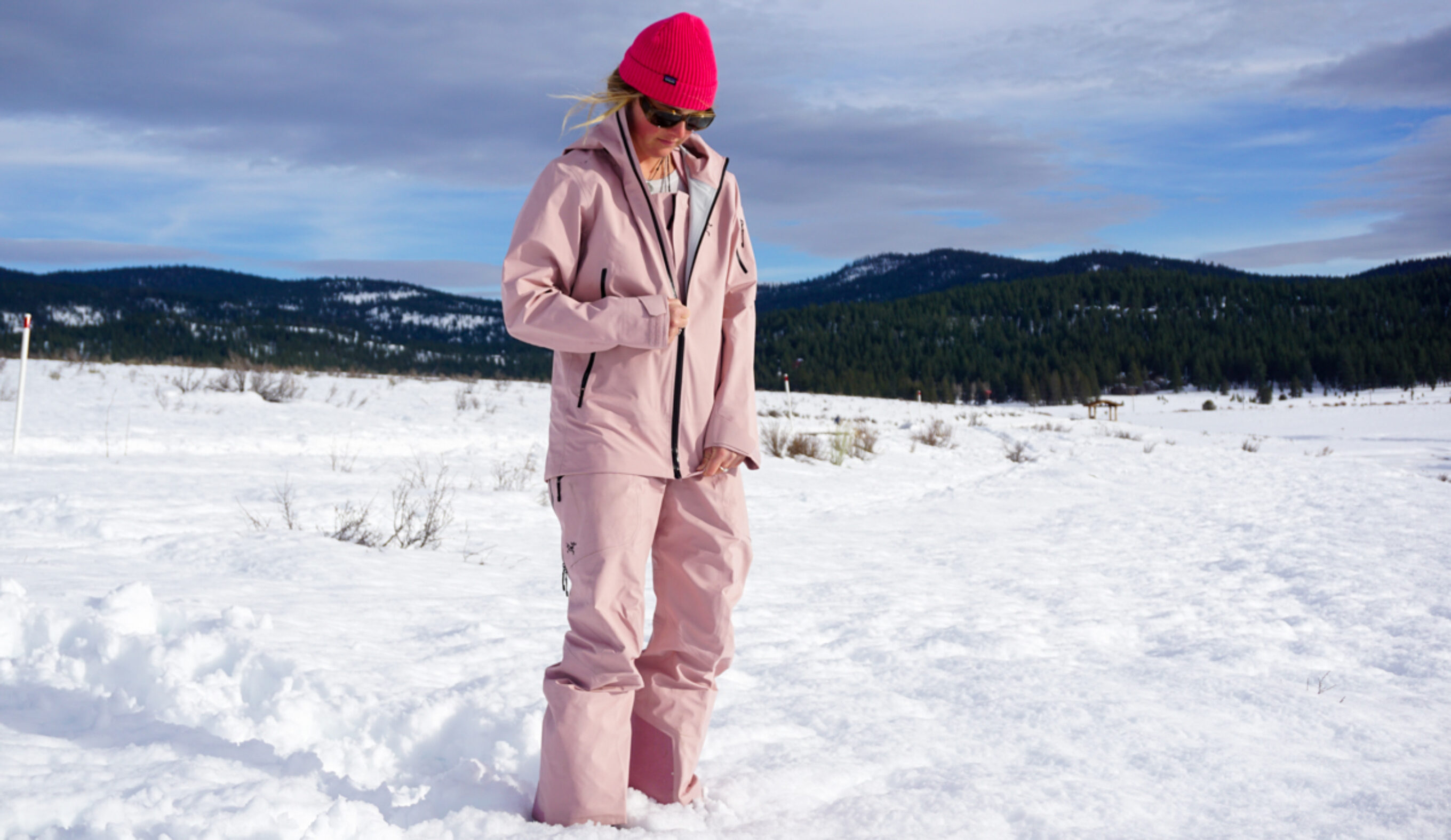 Amy in the arc'teryx sentinel jacket in pink