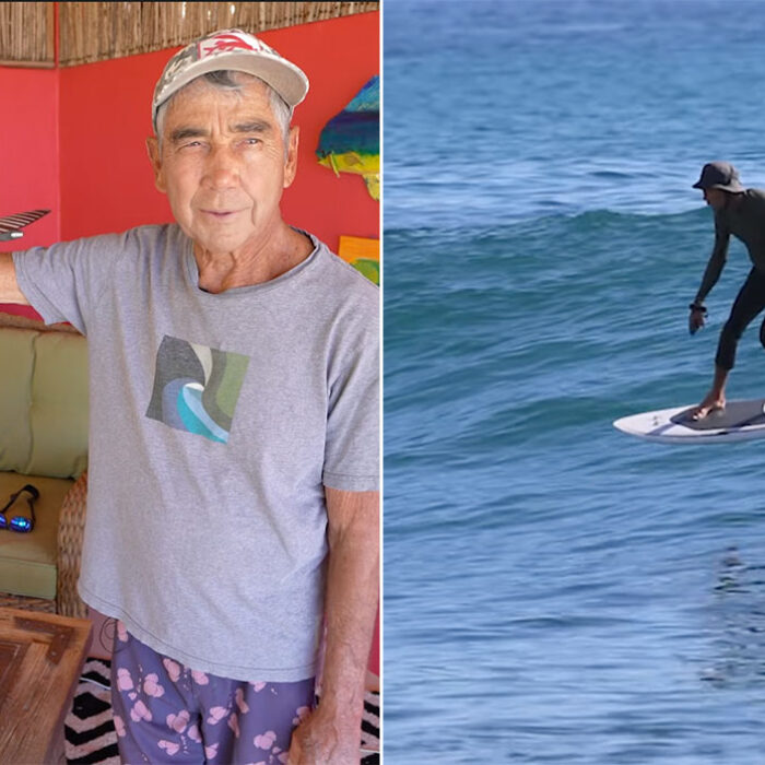 Gerry Lopez with his NSP Pelican foil board