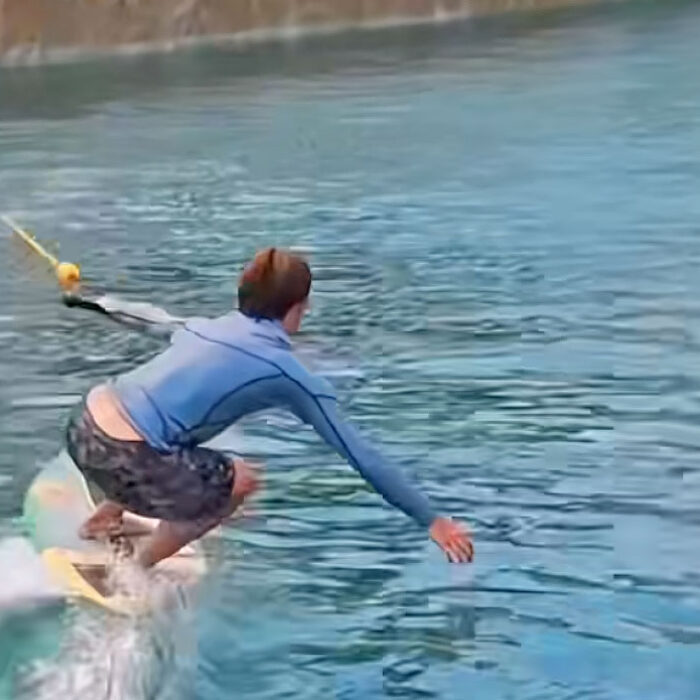 Lucas Fink testing what is possible in a wave pool when you tow at the waves.