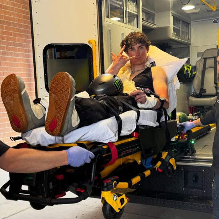 Colin Frans getting sent to the hospital, seemingly unphased by having his wrist sliced open. Photo: Colin Frans