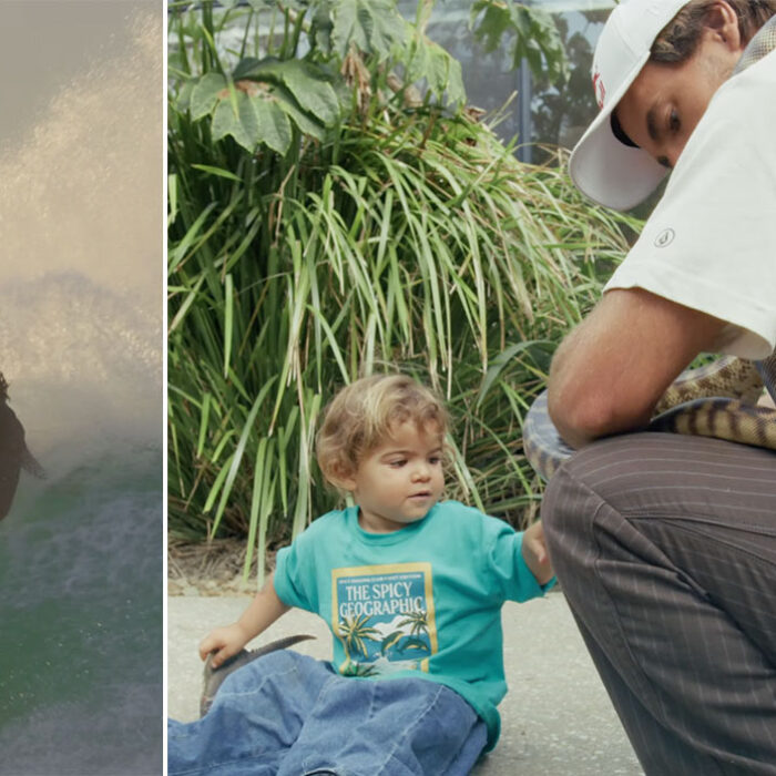 Jack Robinson surfing and hold a snake in front of his child