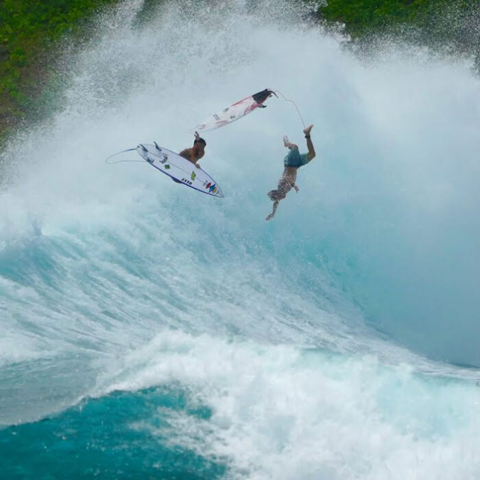 Mason Ho and Sheldon Paishon surfing a backwash in Brazil