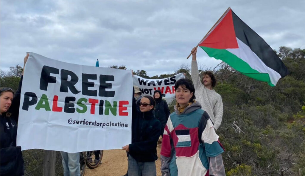 Protesters from Surfers for Palestine at Bells Beach