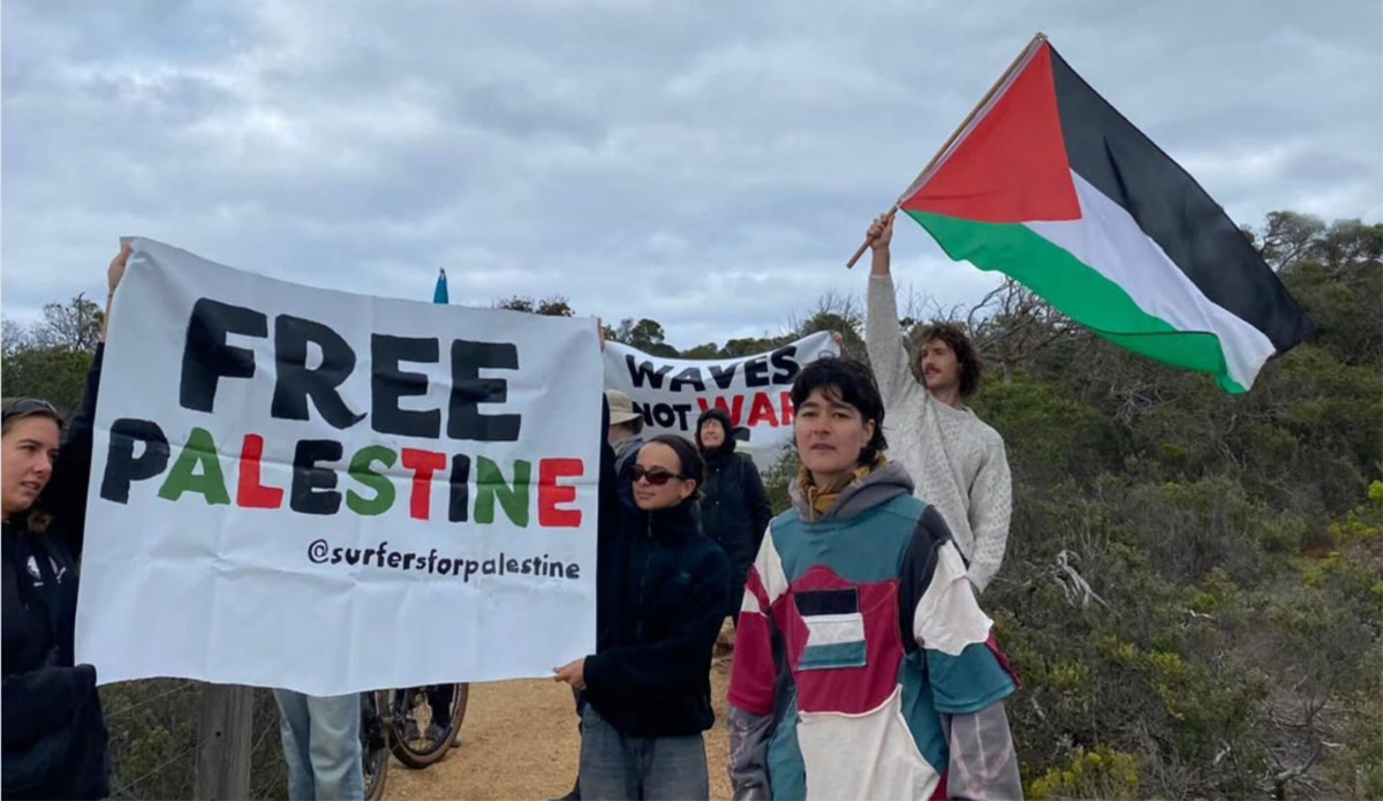 Protesters from Surfers for Palestine at Bells Beach