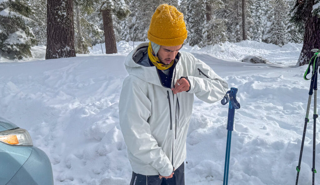 Zipping up the Norrøna Lofoten Gore-Tex Pro Ski Jacket
