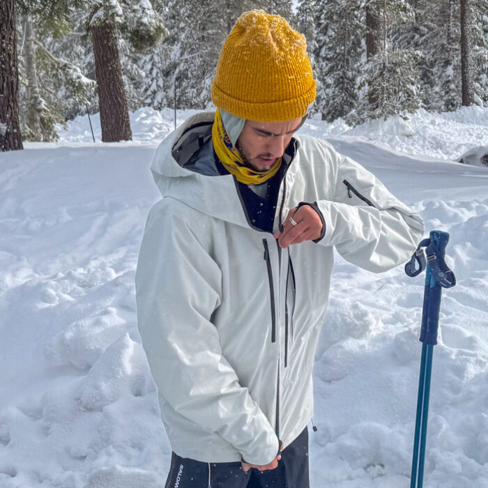 Zipping up the Norrøna Lofoten Gore-Tex Pro Ski Jacket
